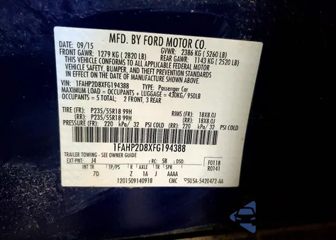 2015 Ford Taurus Se from USA, damaged, VIN 1FAHP2D8XFG194388